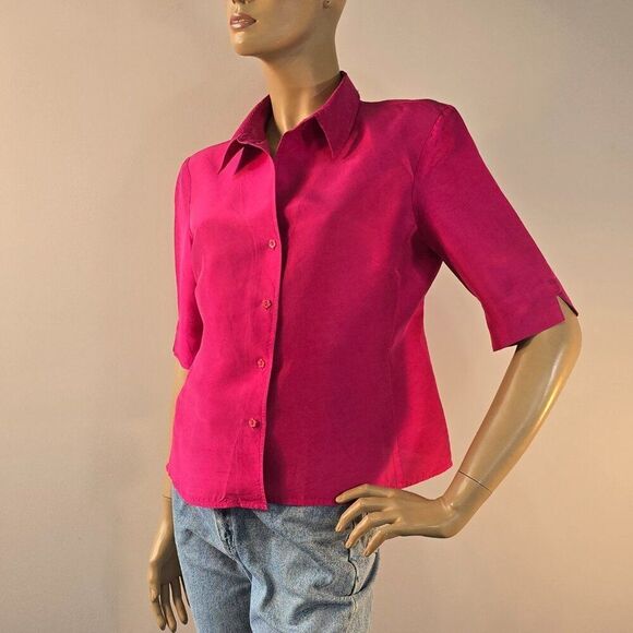 AK Anne Klein Button Front Silk Blouse Sz 10 Short Sleeve Magenta Hot Pink - Picture 2 of 9